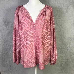 XIRENA Top Womens Medium Pink Stamp Chloe Patchwork Popover Cotton Silk